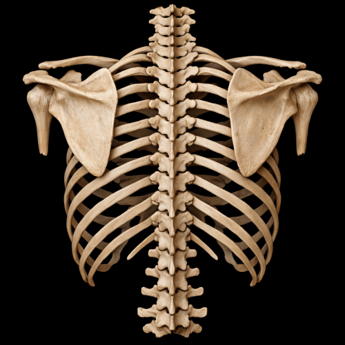 Rear view of human rib cage with scapulae and spine bones