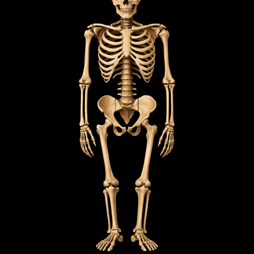 Anterior view of a human skeleton showing skull, rib cage, spine, pelvis, arms, and legs