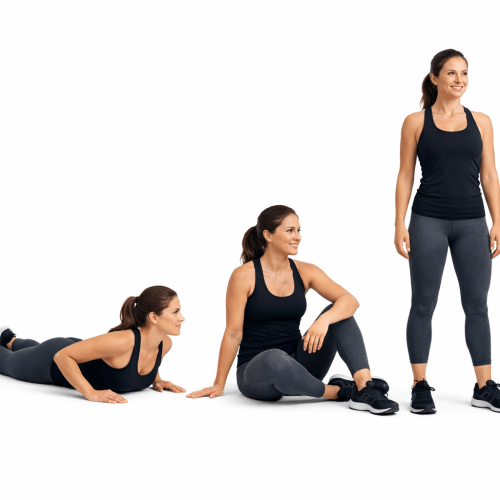 Woman in black tank top and gray leggings moving from lying on stomach to seated to standing position