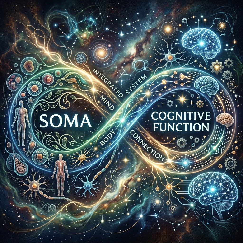 Infinity loop illustrating soma and cognitive function with neurons, brains, cells, and cosmic elements.