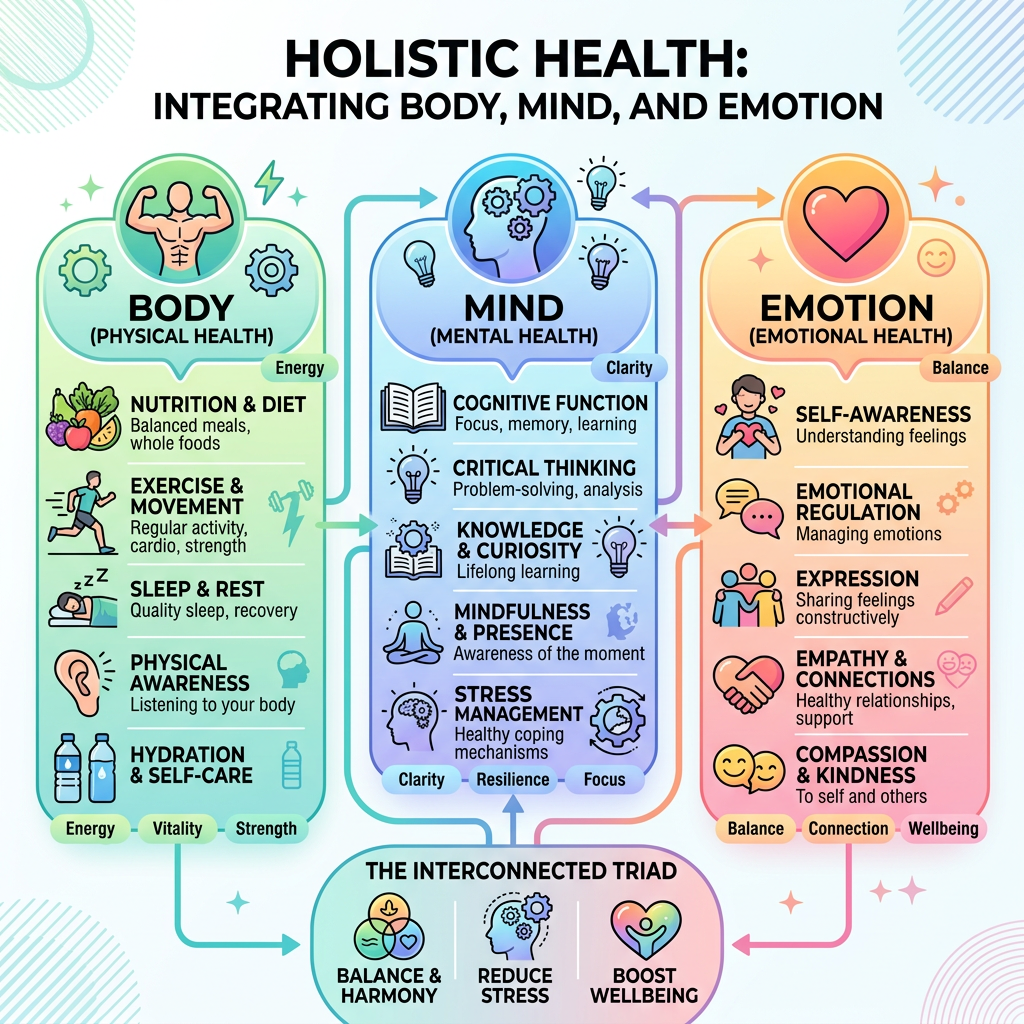 Infographic showing body, mind, and emotion components of holistic health with key elements listed