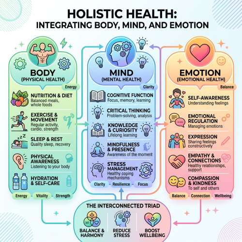 Infographic showing body, mind, and emotion components of holistic health with key elements listed