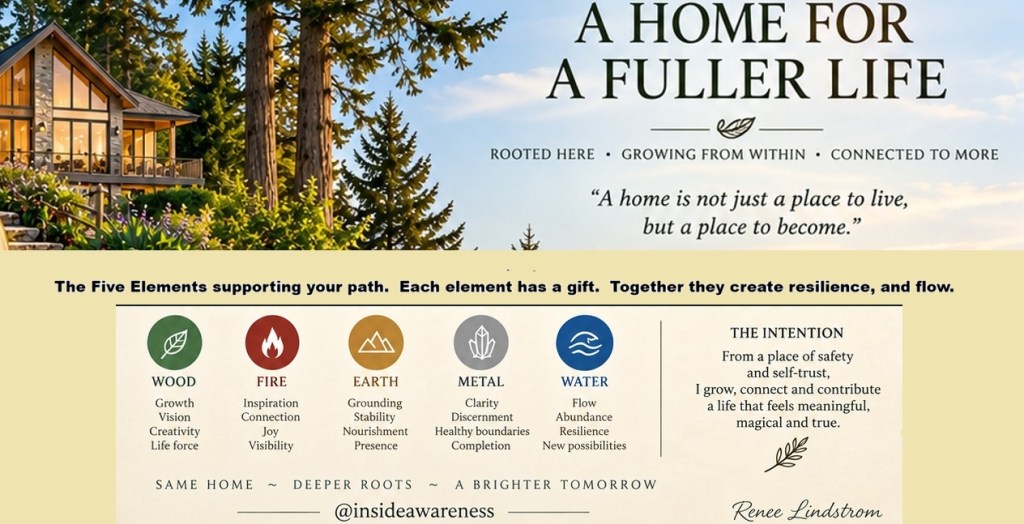 A beautiful wooden house surrounded by trees under a clear sky, with a text overlay promoting a holistic lifestyle.