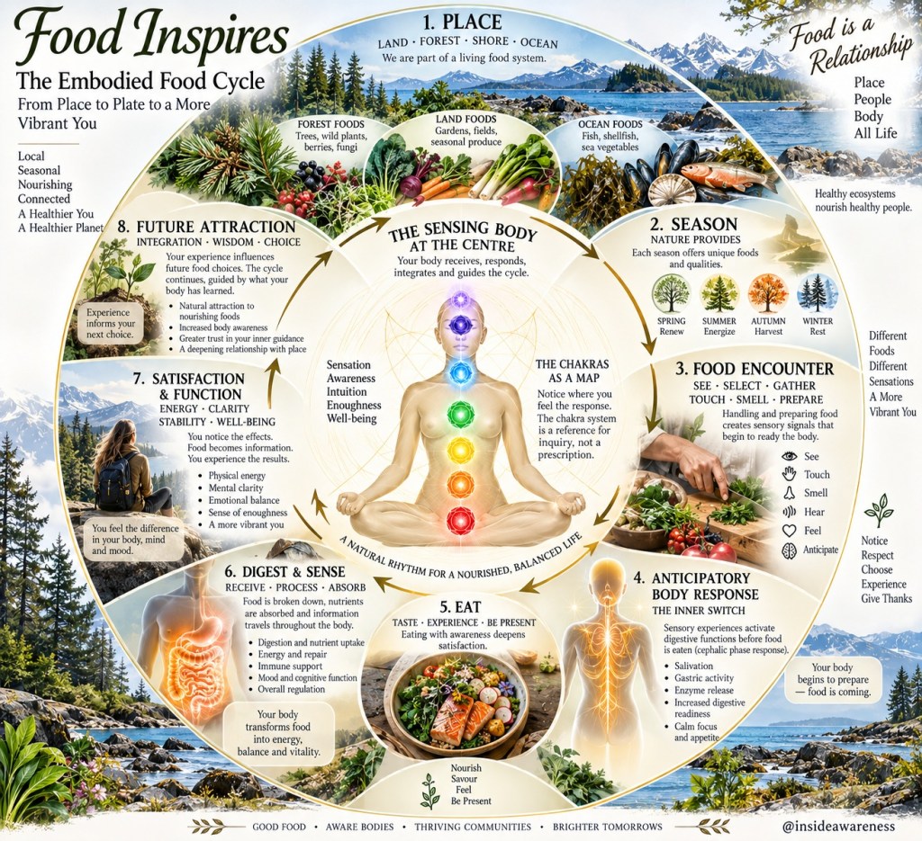 Infographic illustrating the embodied food cycle titled 'Food Inspires', highlighting the relationship between place, people, body, and all life. It includes elements such as 'The Sensing Body', food encounters, seasonal foods, digestion, and satisfaction.