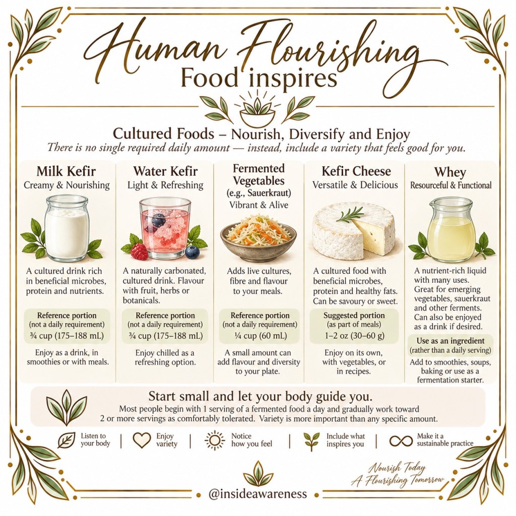 Infographic titled 'Human Flourishing' illustrating various cultured foods: Milk Kefir, Water Kefir, Fermented Vegetables, Kefir Cheese, and Whey, highlighting their benefits, reference portions, and suggestions for use.