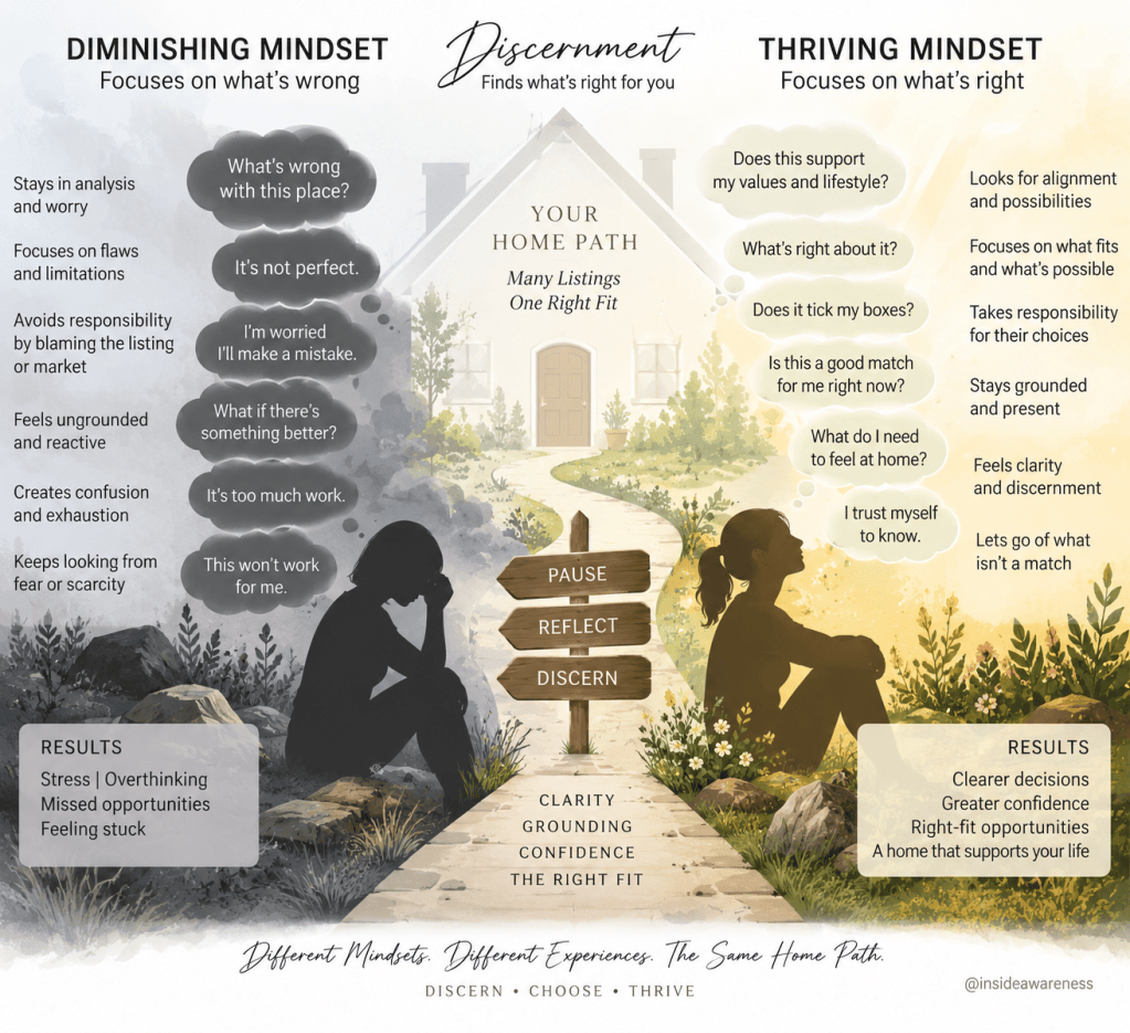 An infographic contrasting diminishing and thriving mindsets in decision-making, with a focus on discernment. It illustrates a pathway with a house, highlighting thought processes such as focusing on flaws versus possibilities, and the resulting emotional states like stress versus clarity.