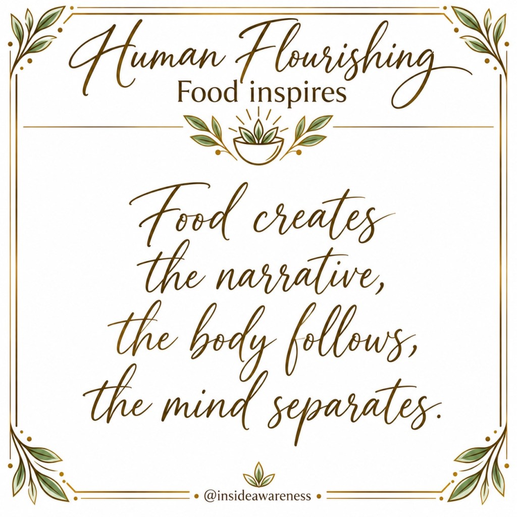 A decorative quote image that reads: 'Food creates the narrative, the body follows, the mind separates.' The text is styled with elegant lettering and surrounded by green leaves and a floral motif.