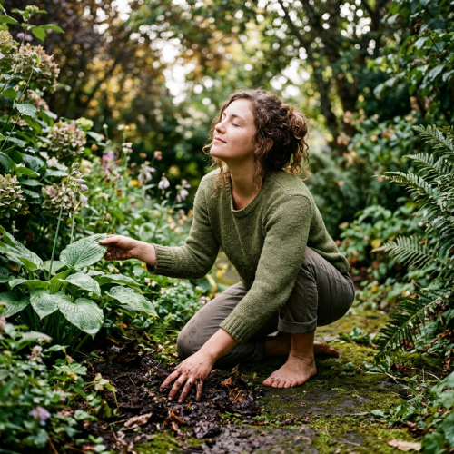 Barefoot woman kneeling among lush garden plants and touching the soil