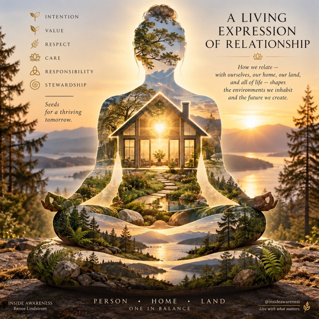 An artistic representation of a meditative figure with a landscape scene inside, featuring a house at the heart surrounded by trees and water, symbolizing harmony between person, home, and land.