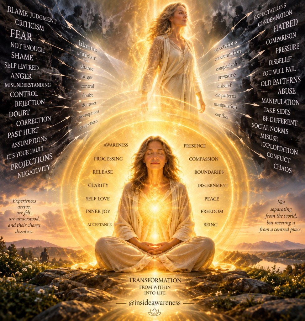 A woman meditating with a glowing aura, surrounded by words related to emotional challenges and transformation. The image contrasts 'fear' and 'negativity' with 'awareness' and 'compassion', symbolizing inner growth and healing.