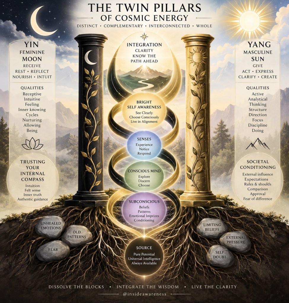 An infographic illustrating the 'Twin Pillars of Cosmic Energy' concept, featuring two columns labeled Yin and Yang. The Yin pillar is associated with feminine energy, intuition, and nurturing qualities, while the Yang pillar represents masculine energy, action, and clarity. The center emphasizes integration and self-awareness, with sections detailing the conscious and subconscious mind, societal conditioning, and the need to trust one's internal compass.